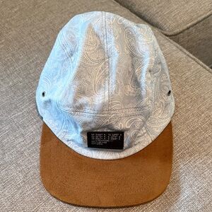 Stylish Light Blue Paisley Hat with Brown Suede Brim